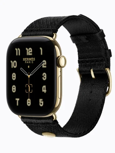 Apple Watch Series 12 Radiant Gold with Noir Hermes Satin Clou de Selle Band Apple Watch Series 12 Radiant Gold with Noir Hermes Satin Clou de Selle Band
