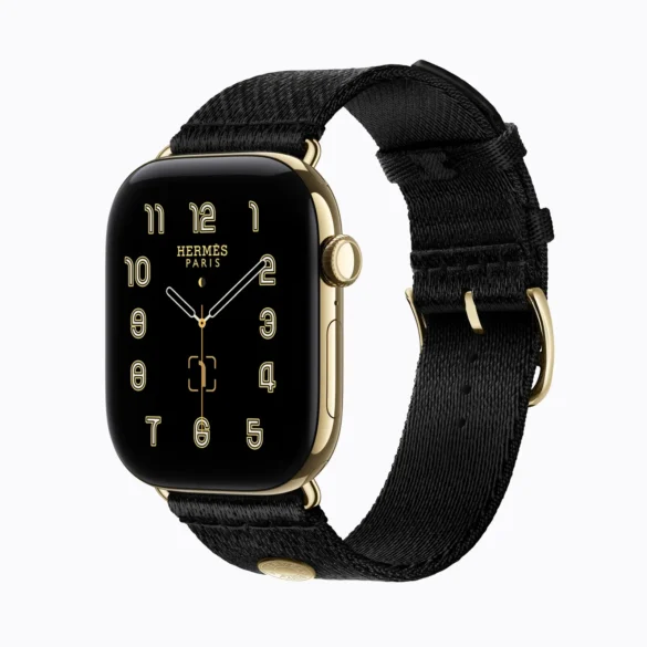 Apple Watch Series 12 Radiant Gold with Noir Hermes Satin Clou de Selle Band Apple Watch Series 12 Radiant Gold with Noir Hermes Satin Clou de Selle Band